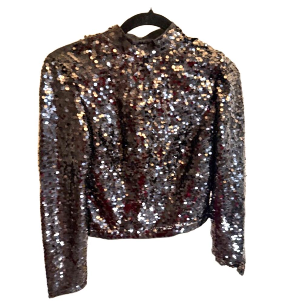 H&M Divided Black Sequin Top US 4 Long Sleeve Mock Neck Party Club